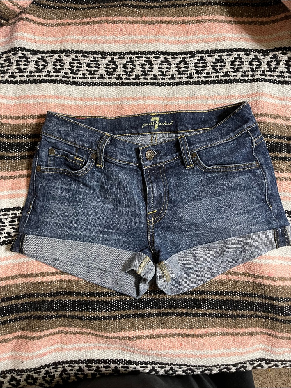 7 For All Mankind Dark Blue Rolled Hem Denim Shorts